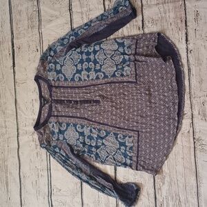 Lucky Brand Blue Paisley Print Boho Henley Top Shirt S